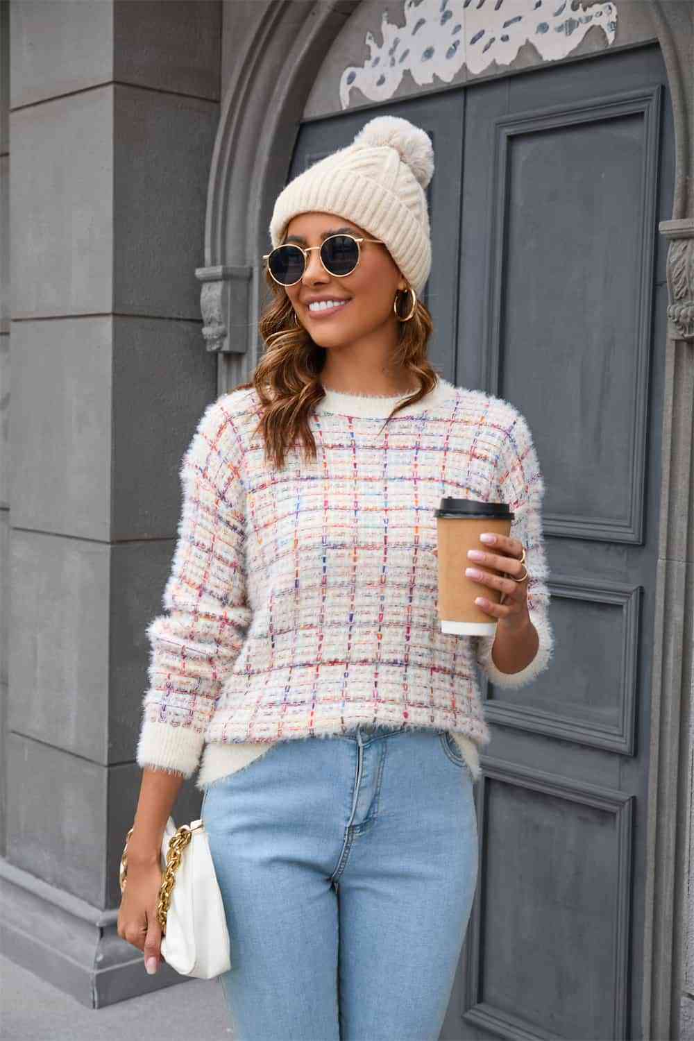 Plaid Round Neck Long Sleeve Pullover Sweater Bazaarbey