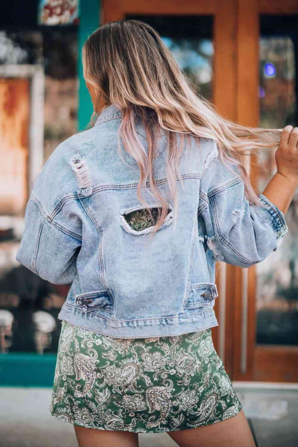 Distressed Drop Shoulder Denim Jacket Bazaarbey