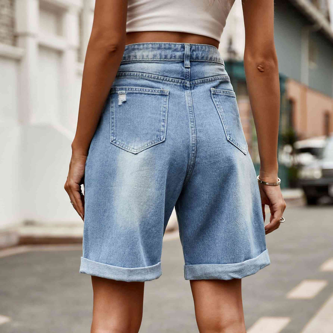 Distressed Buttoned Denim Shorts with Pockets Bazaarbey