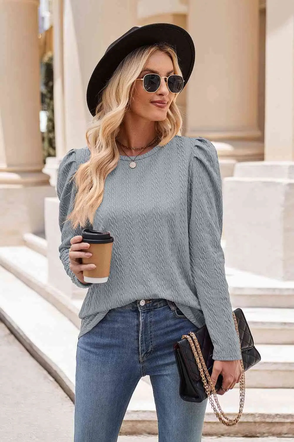 Round Neck Puff Sleeve Blouse Trendsi