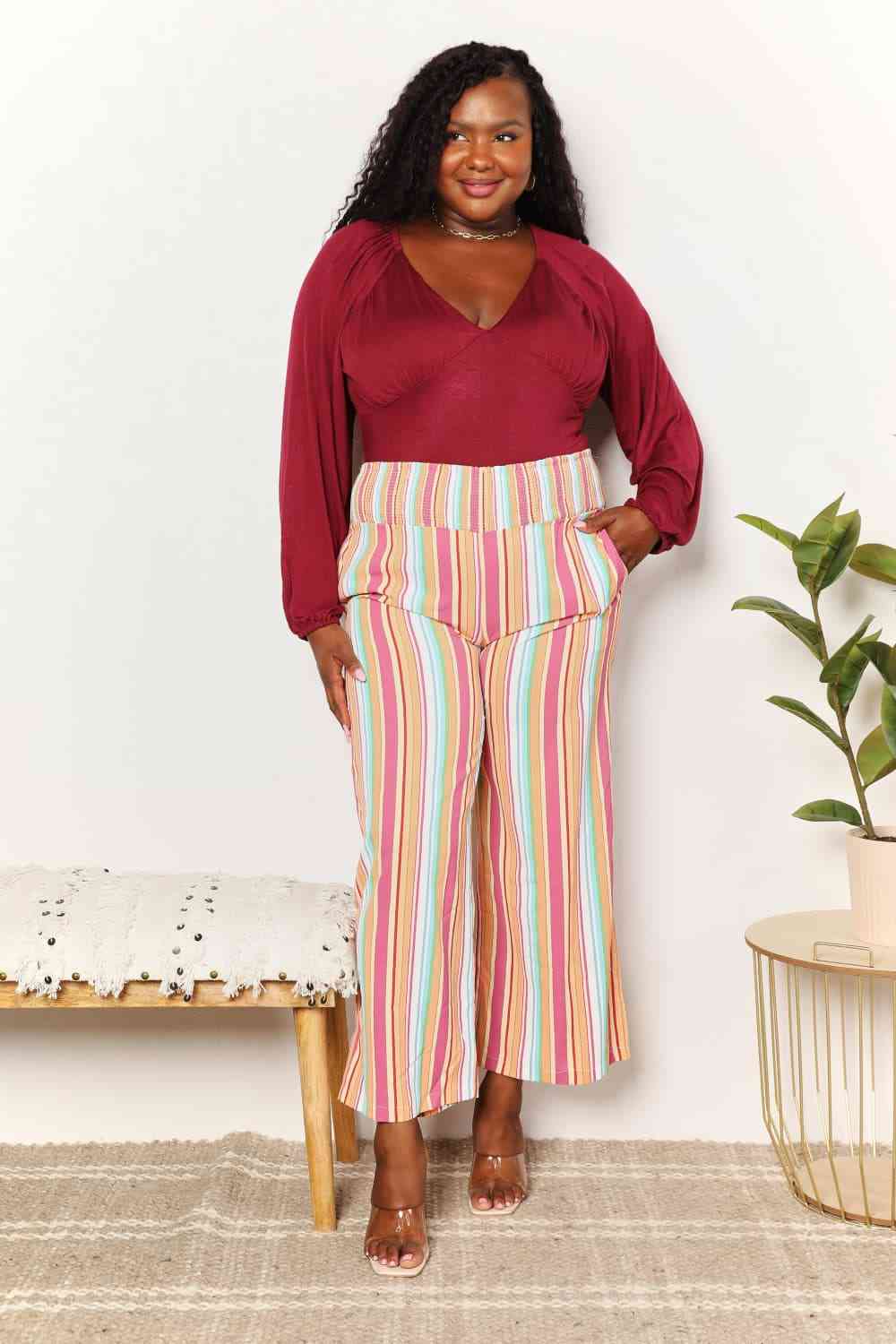  Striped Smocked Waist Pants with Pockets Bazaarbey