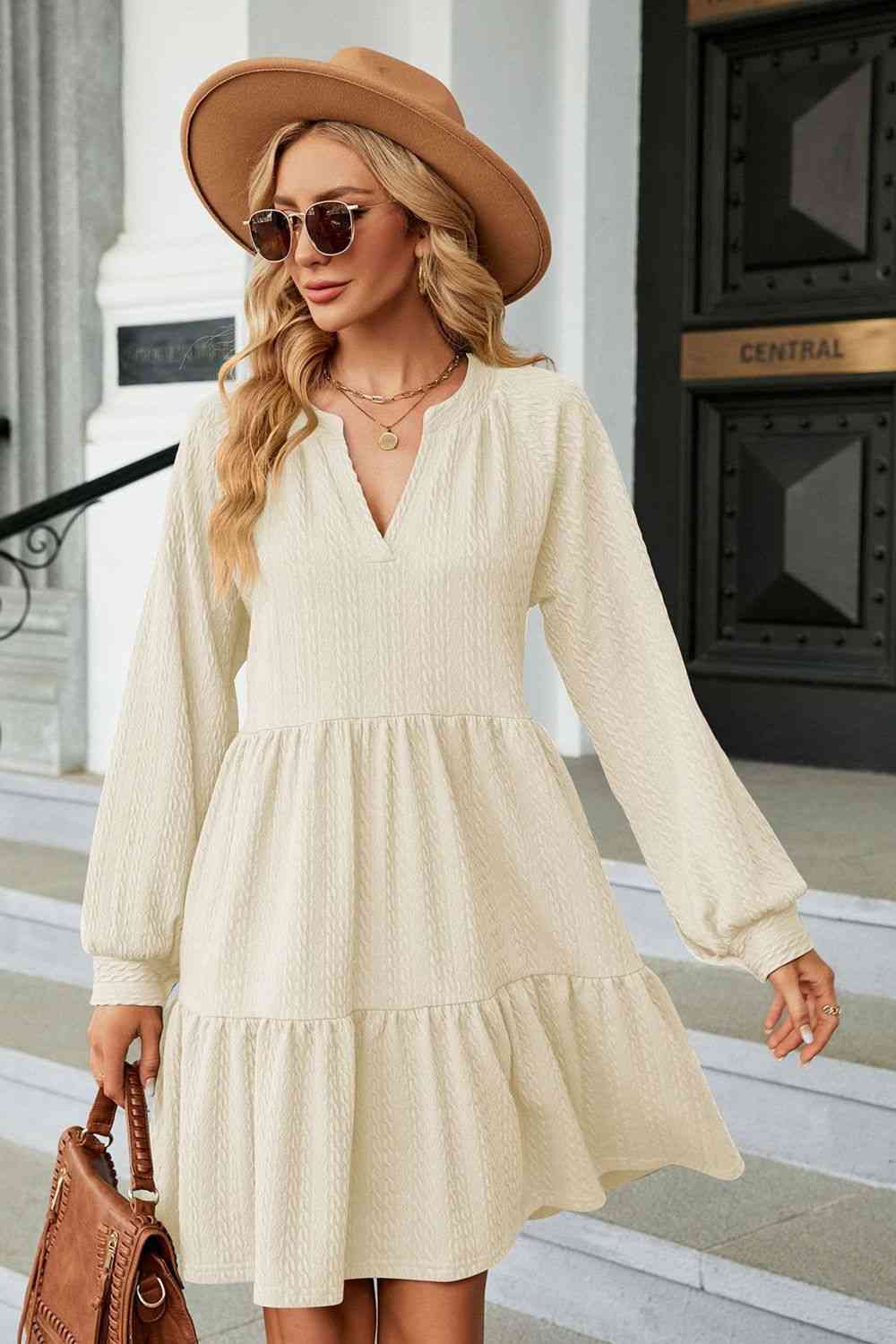 Notched Neck Long Sleeve Mini Dress Bazaarbey