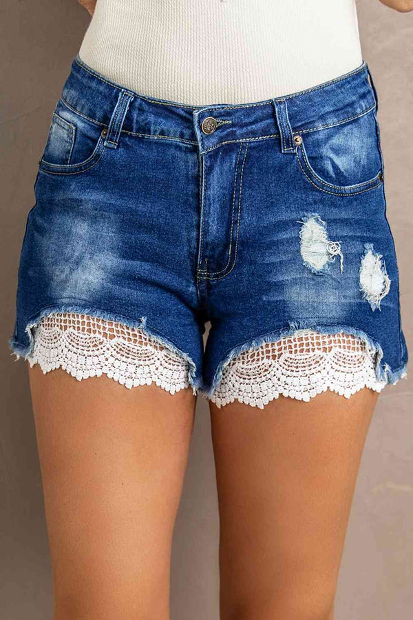 Spliced Lace Distressed Denim Shorts Bazaarbey