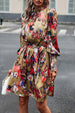 Printed Tie Waist Mock Neck Lantern Sleeve Dress -BazaarBey - www.shopbazaarbey.com