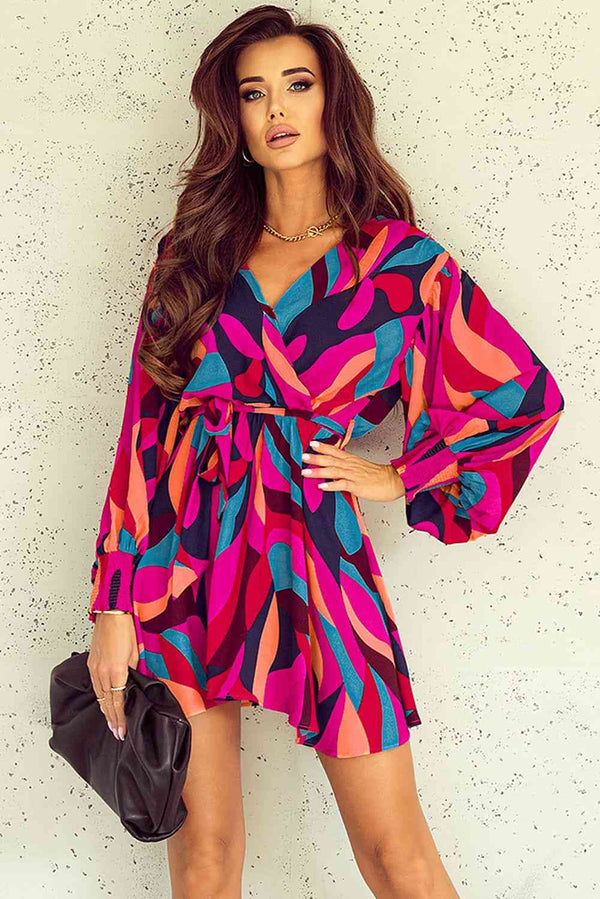 Printed Surplice Neck Tie Waist Dress Bazaarbey