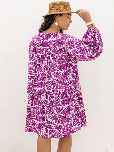 Plus Size Printed V-Neck Balloon Sleeve Mini Dress Bazaarbey