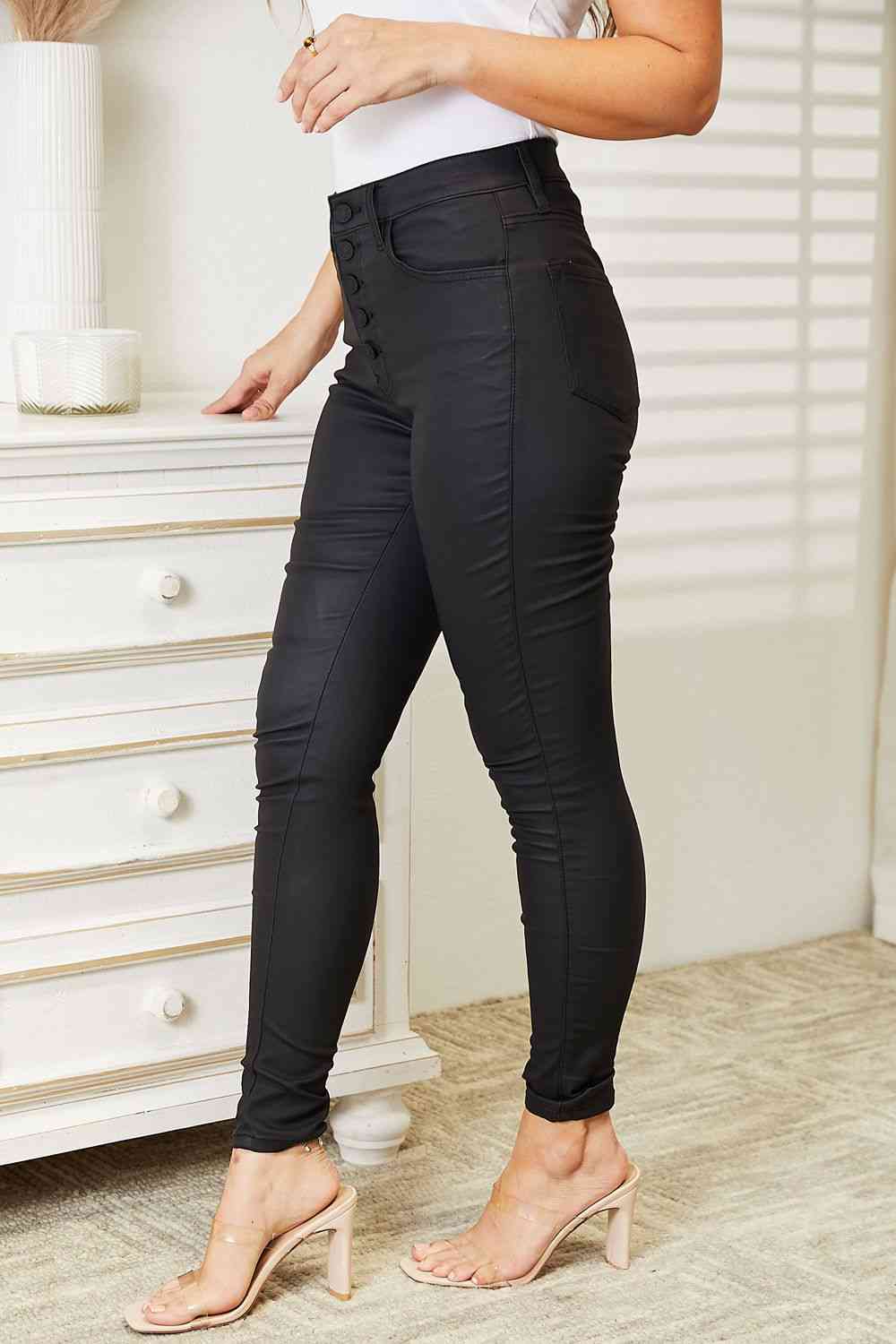   High Rise Black Coated Ankle Skinny Jeans Trendsi