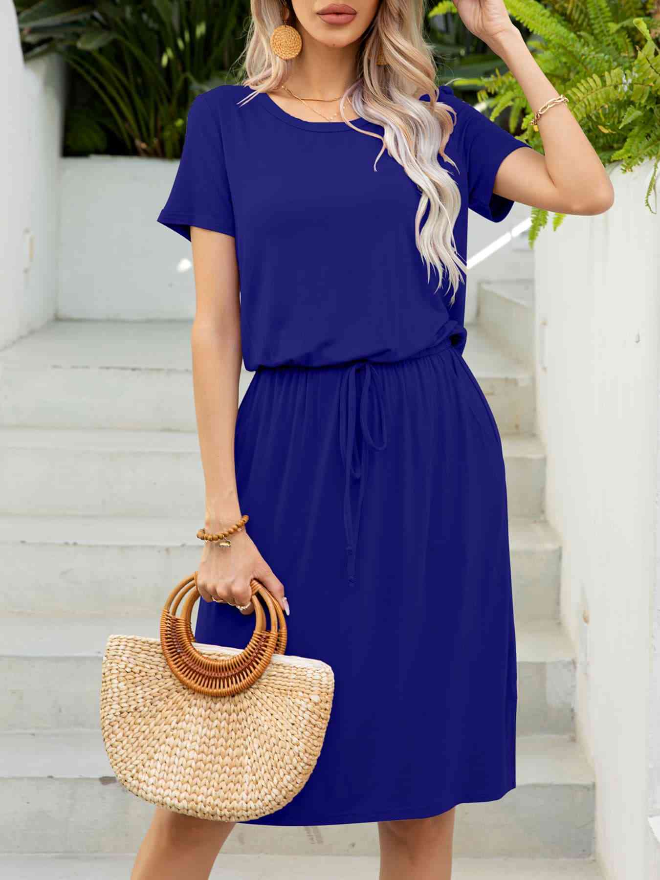 Round Neck Short Sleeve Slit Dress with Pockets -BazaarBey - www.shopbazaarbey.com