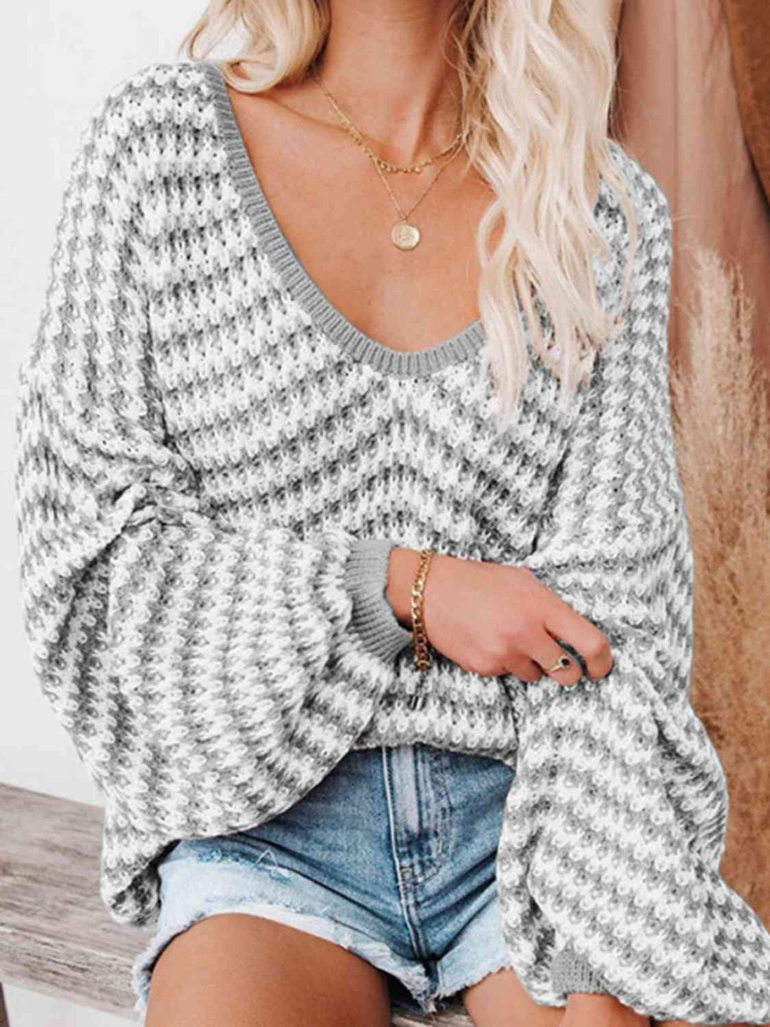 Striped Drop Shoulder V-Neck Sweater Bazaarbey