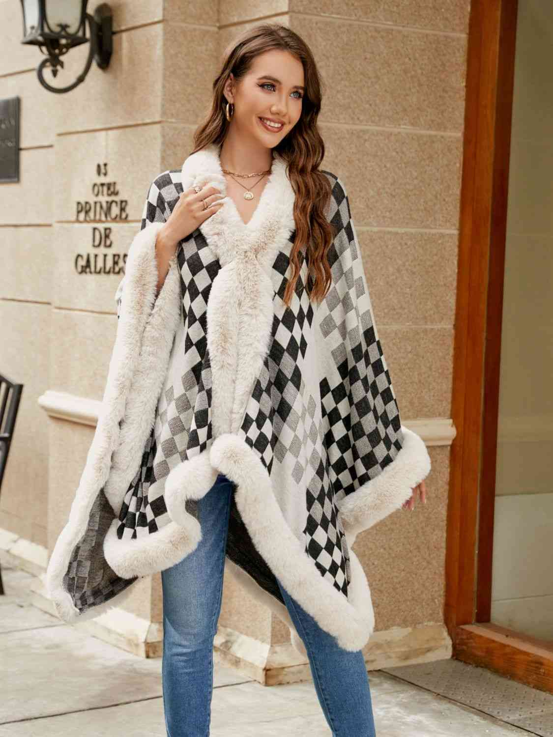 Checkered Faux Fur Trim Poncho Bazaarbey