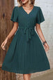 Buttoned V-Neck Flutter Sleeve Pleated Dress -BazaarBey - www.shopbazaarbey.com