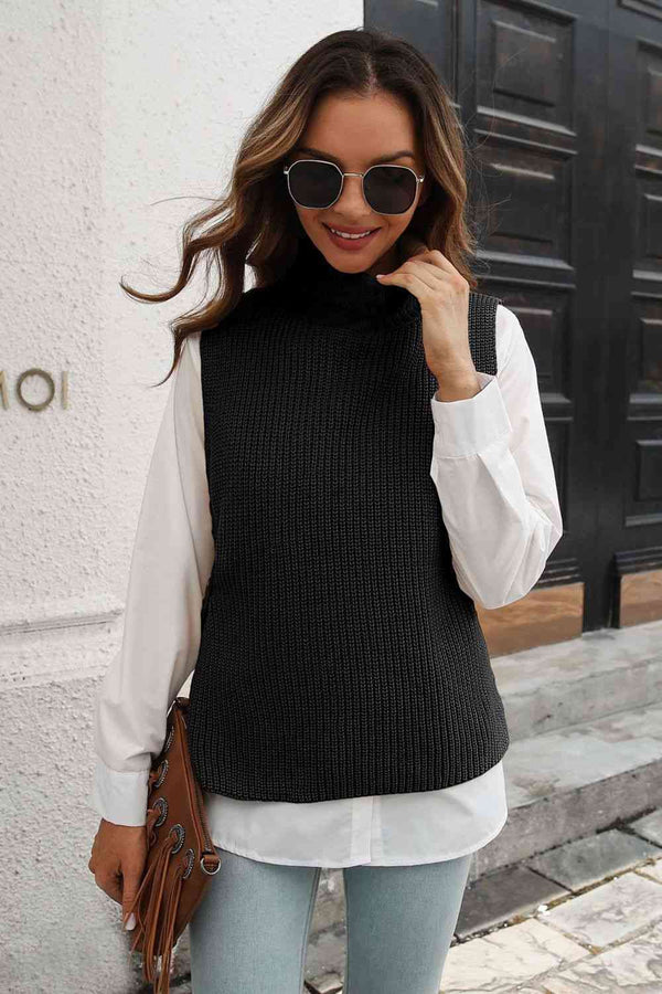 Ribbed Mock Neck Sleeveless Sweater Vest Trendsi