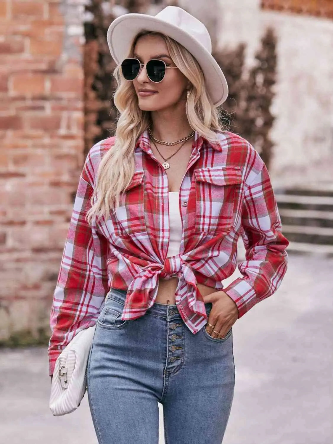 Plaid Dropped Shoulder Longline Shirt Trendsi