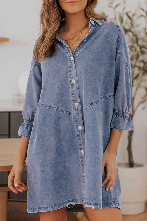 Collared Neck Flounce Sleeve Denim Mini Dress Bazaarbey