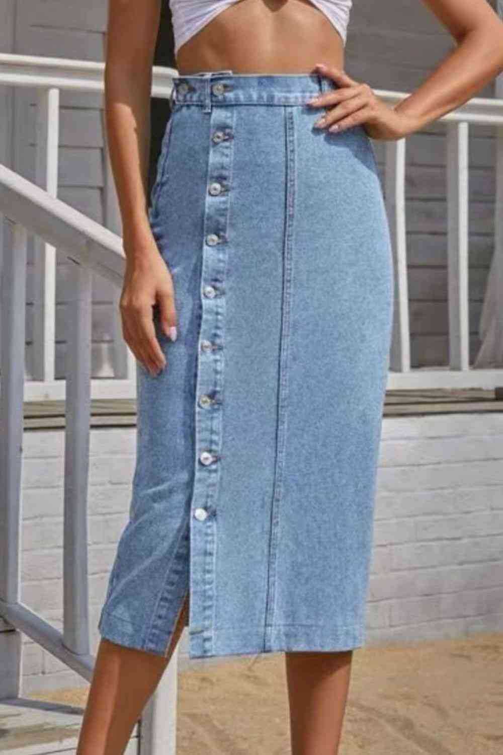 Buttoned Split Denim Skirt Trendsi