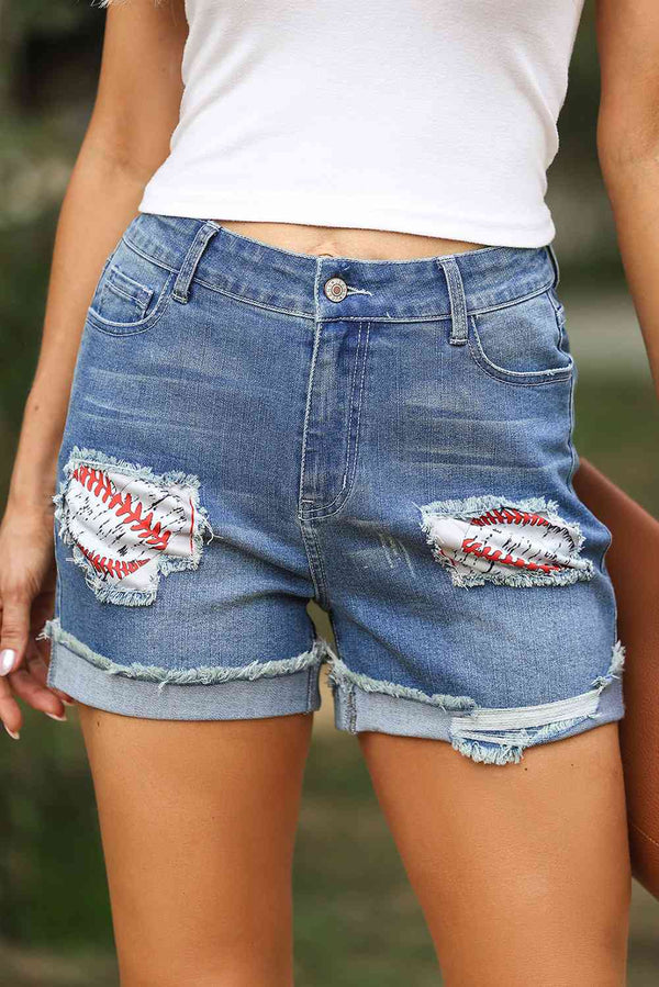 Printed Patch Raw Hem Denim Shorts Bazaarbey