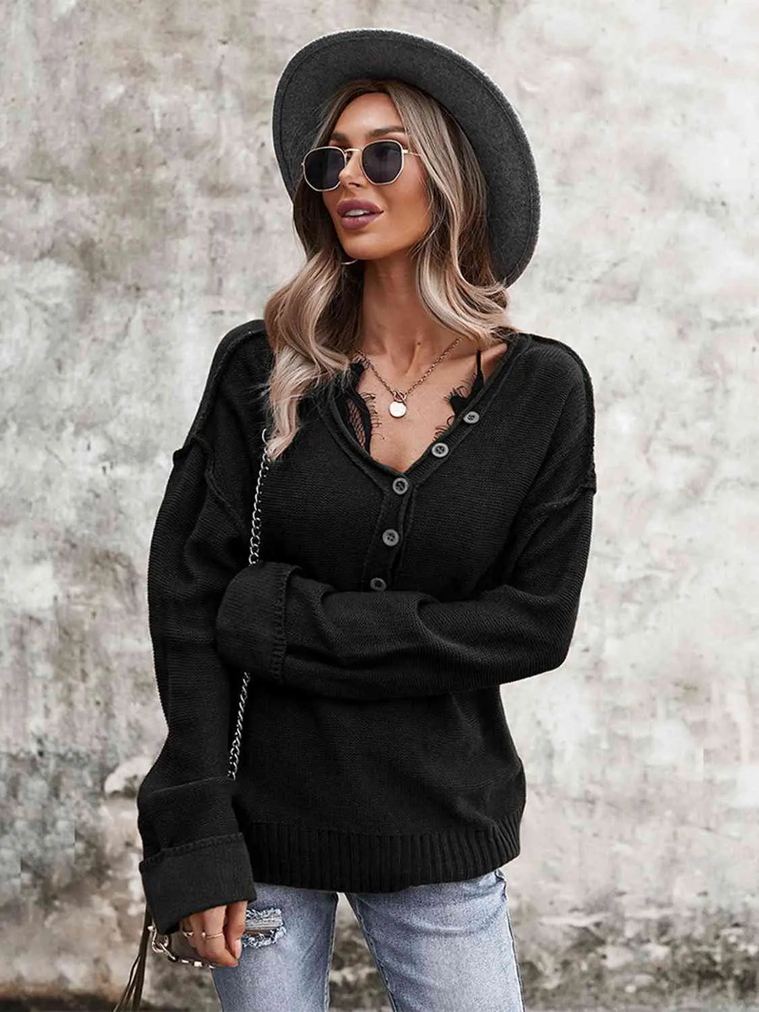 Buttoned Exposed Seam Knit Top Trendsi