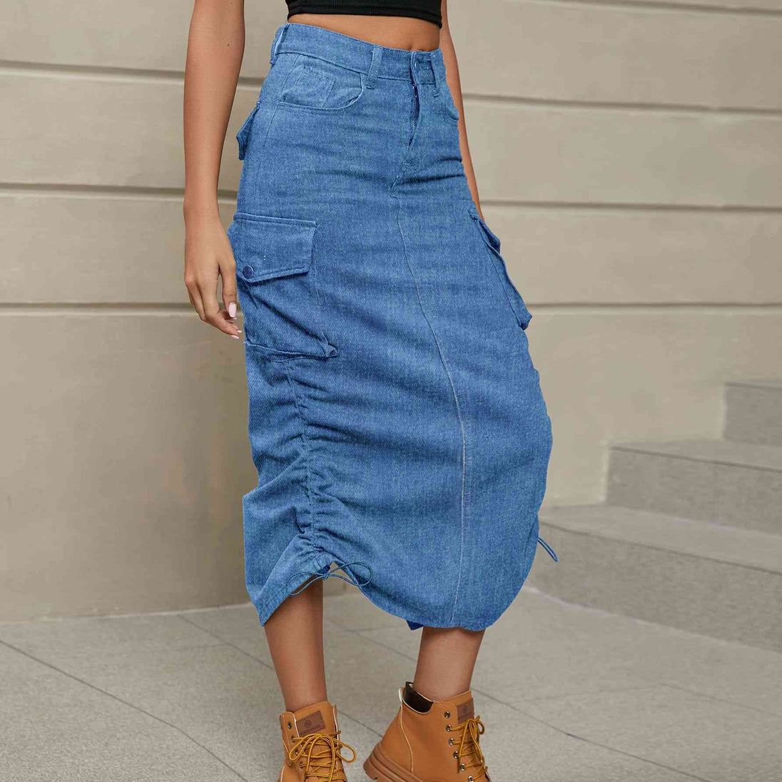 Drawstring Ruched Slit Denim Midi Skirt Bazaarbey