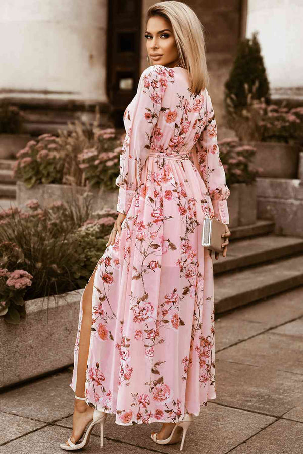 Floral Tie Belt Bishop Sleeve Slit Maxi Dress Bazaarbey