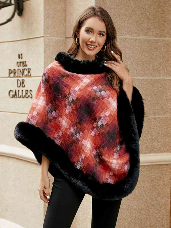 Faux Fur Trim Poncho Trendsi