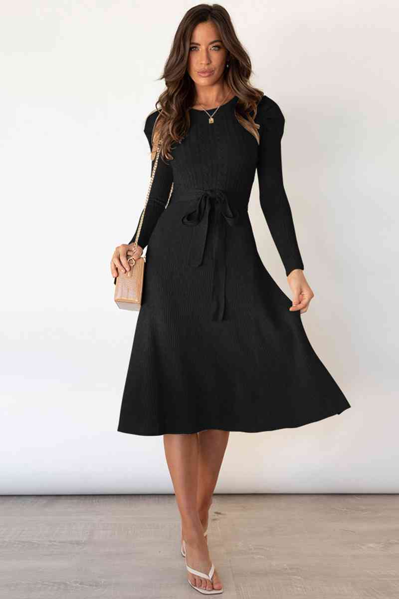 Round Neck Long Sleeve Tie Waist Sweater Dress Bazaarbey