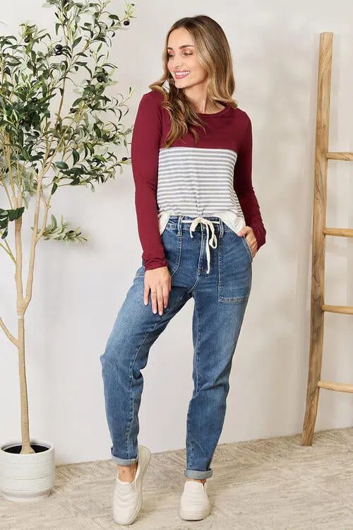 e.Luna Full Size Striped Contrast Long Sleeve Blouse Trendsi