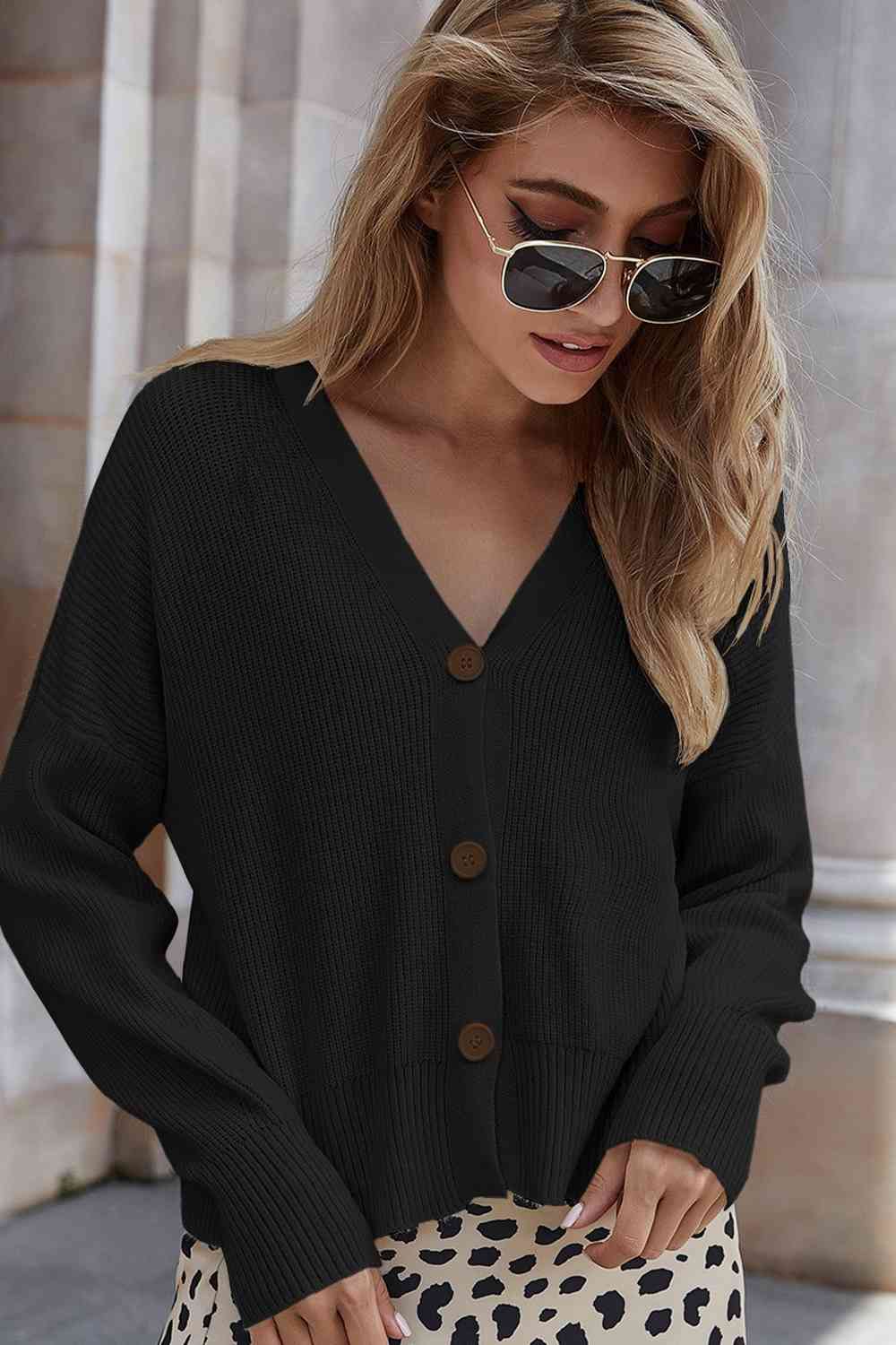 V-Neck Dropped Shoulder Cardigan Trendsi