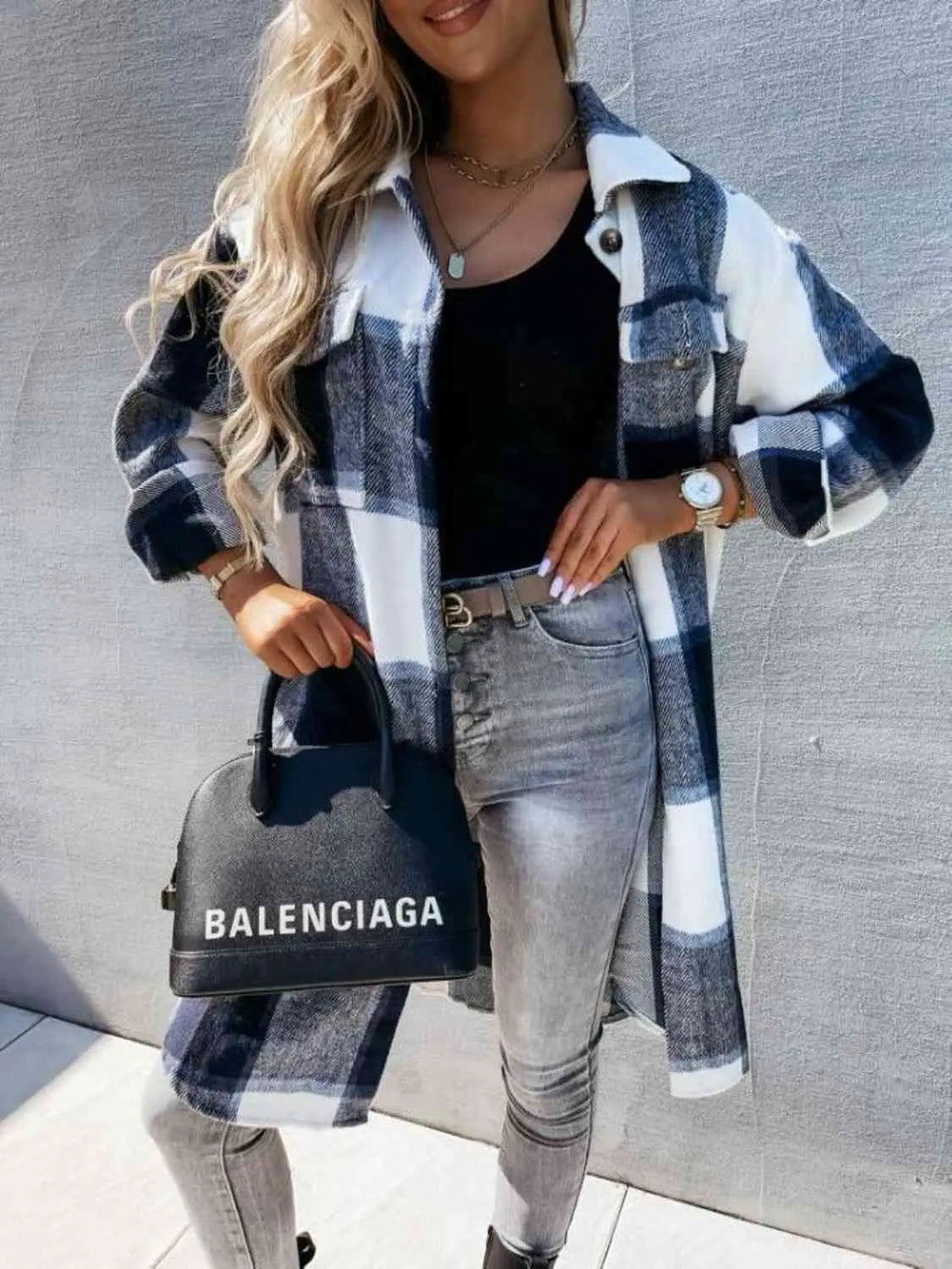 Plaid Collared Neck Longline Shirt Bazaarbey