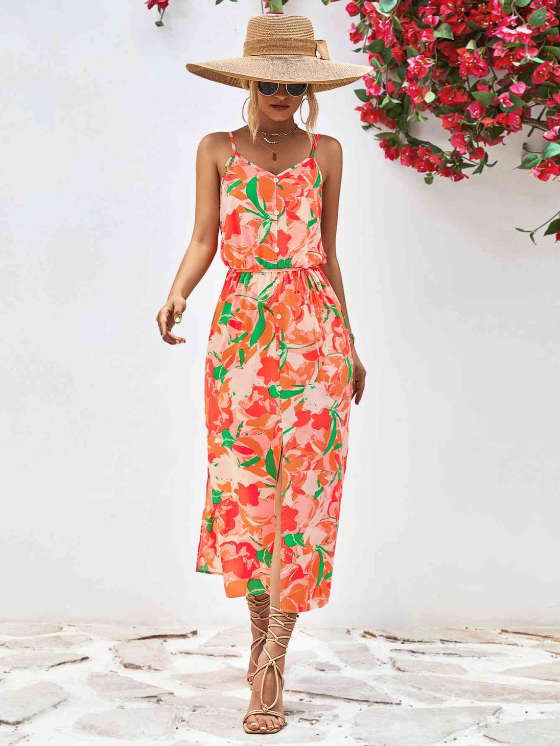 Printed Spaghetti Strap Front Slit Dress -BazaarBey - www.shopbazaarbey.com