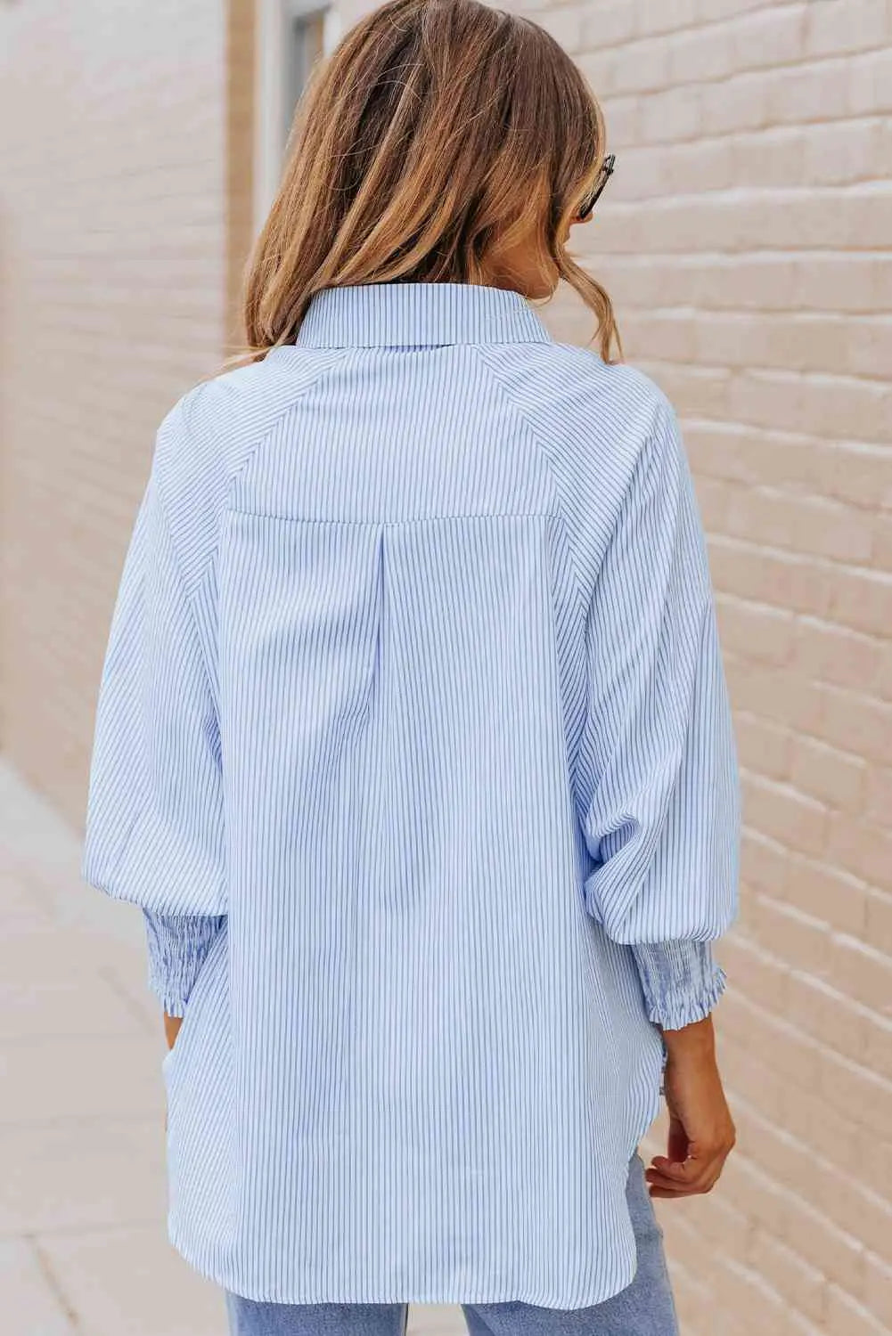 Striped Lantern Sleeve Collared Shirt Trendsi