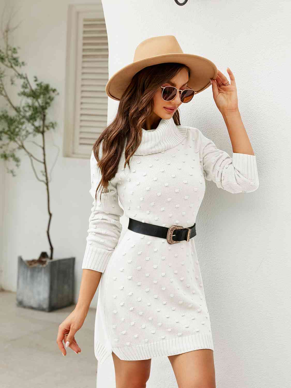 Turtleneck Long Sleeve Slit Sweater Dress Bazaarbey