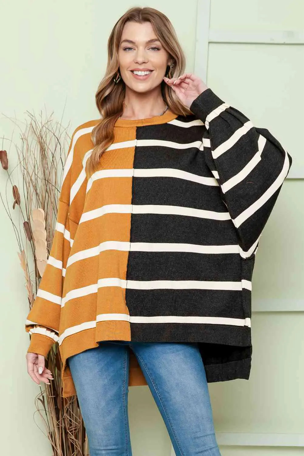 Striped Dropped Shoulder Round Neck Blouse Bazaarbey