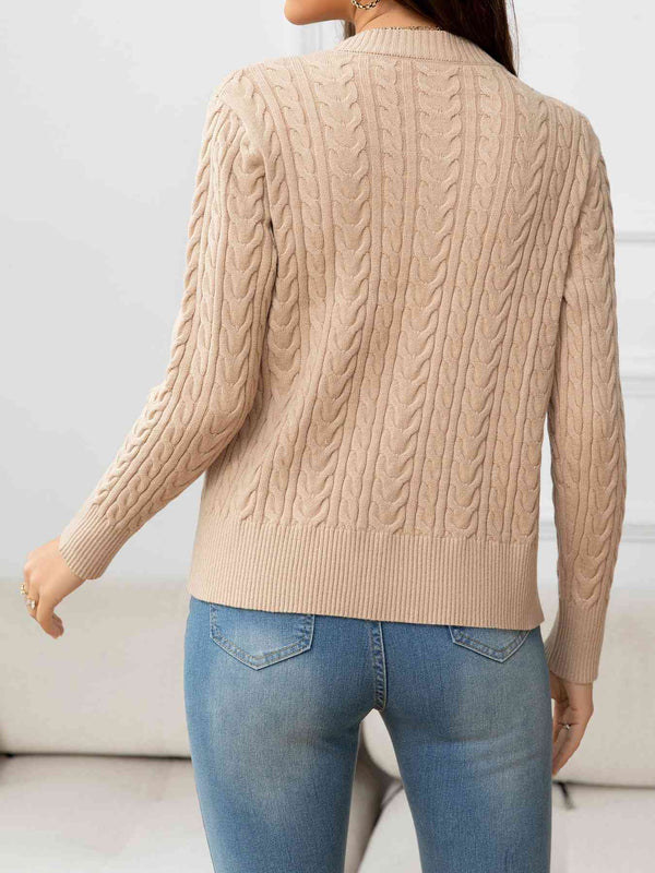 V-Neck Long Sleeve Cable-Knit Buttoned Knit Top Trendsi