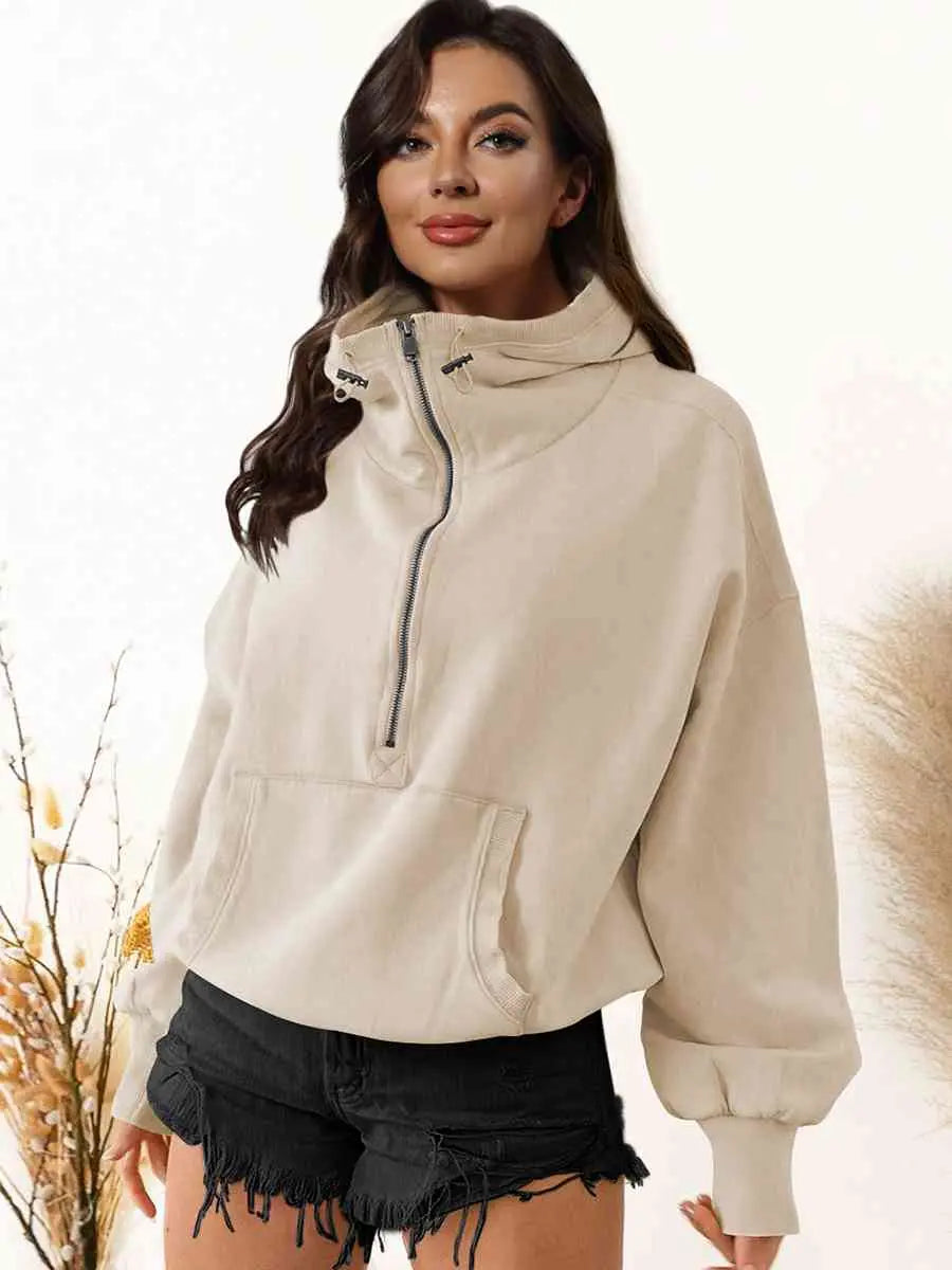 Zip-Up Dropped Shoulder Hoodie Trendsi