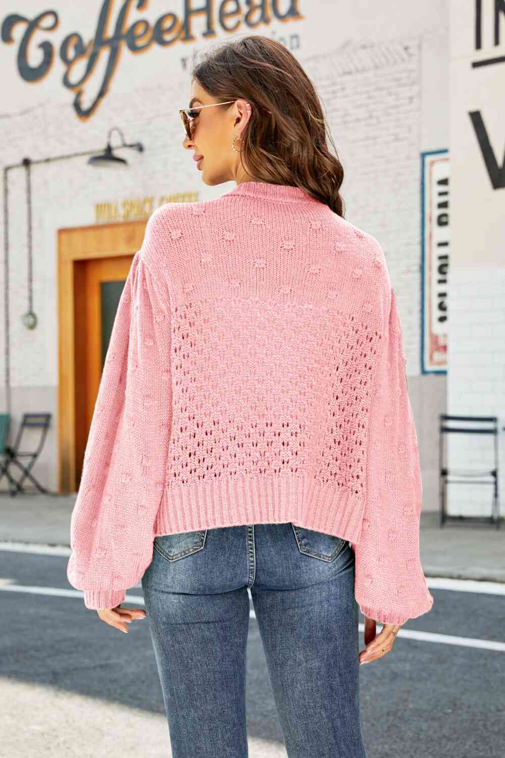 Woven Right Openwork Pompom Puff Sleeve Cardigan Trendsi