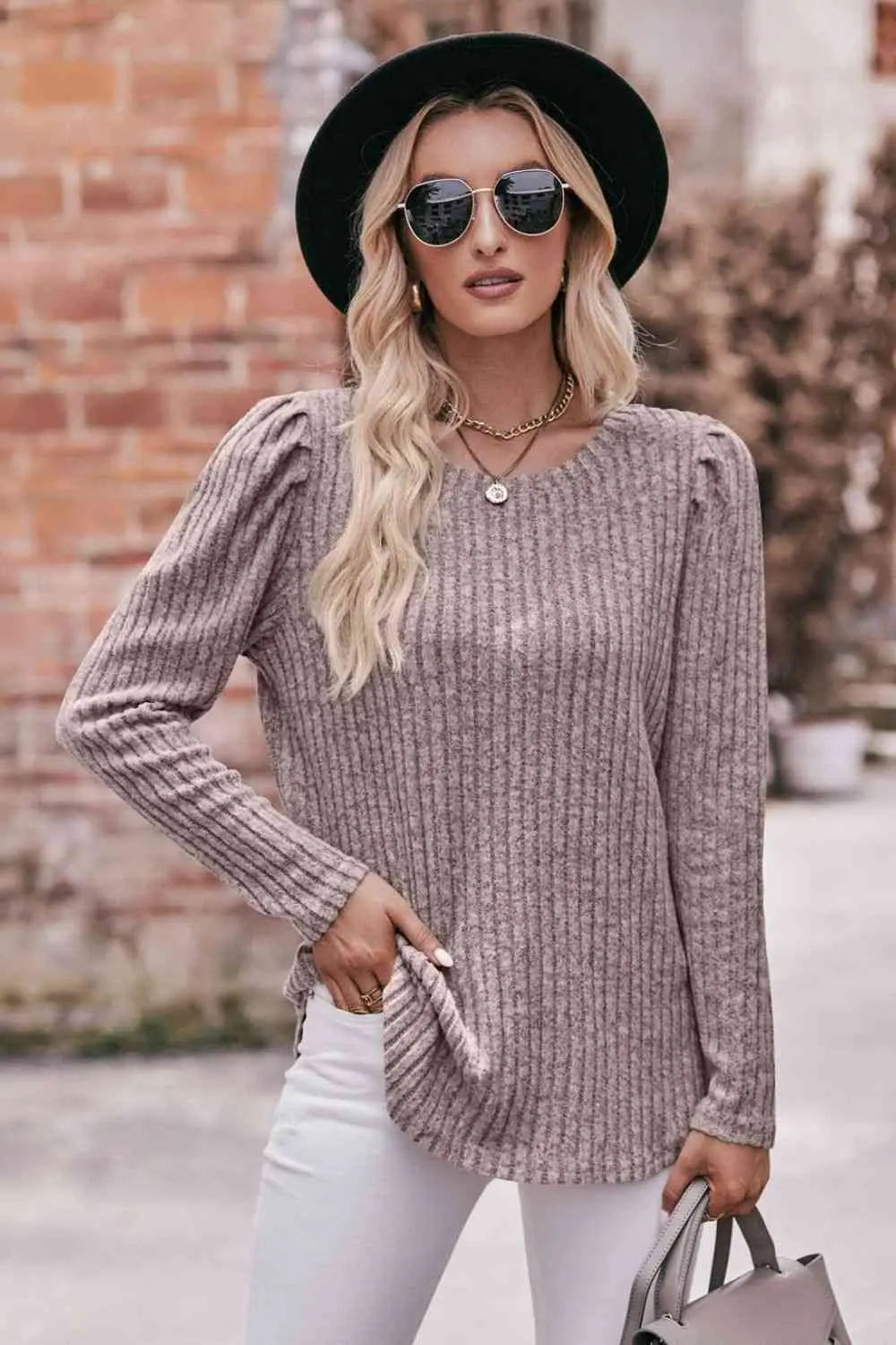  Round Neck Puff Sleeve Ribbed Top Trendsi