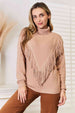 Woven Right Turtleneck Fringe Front Long Sleeve Sweater Bazaarbey