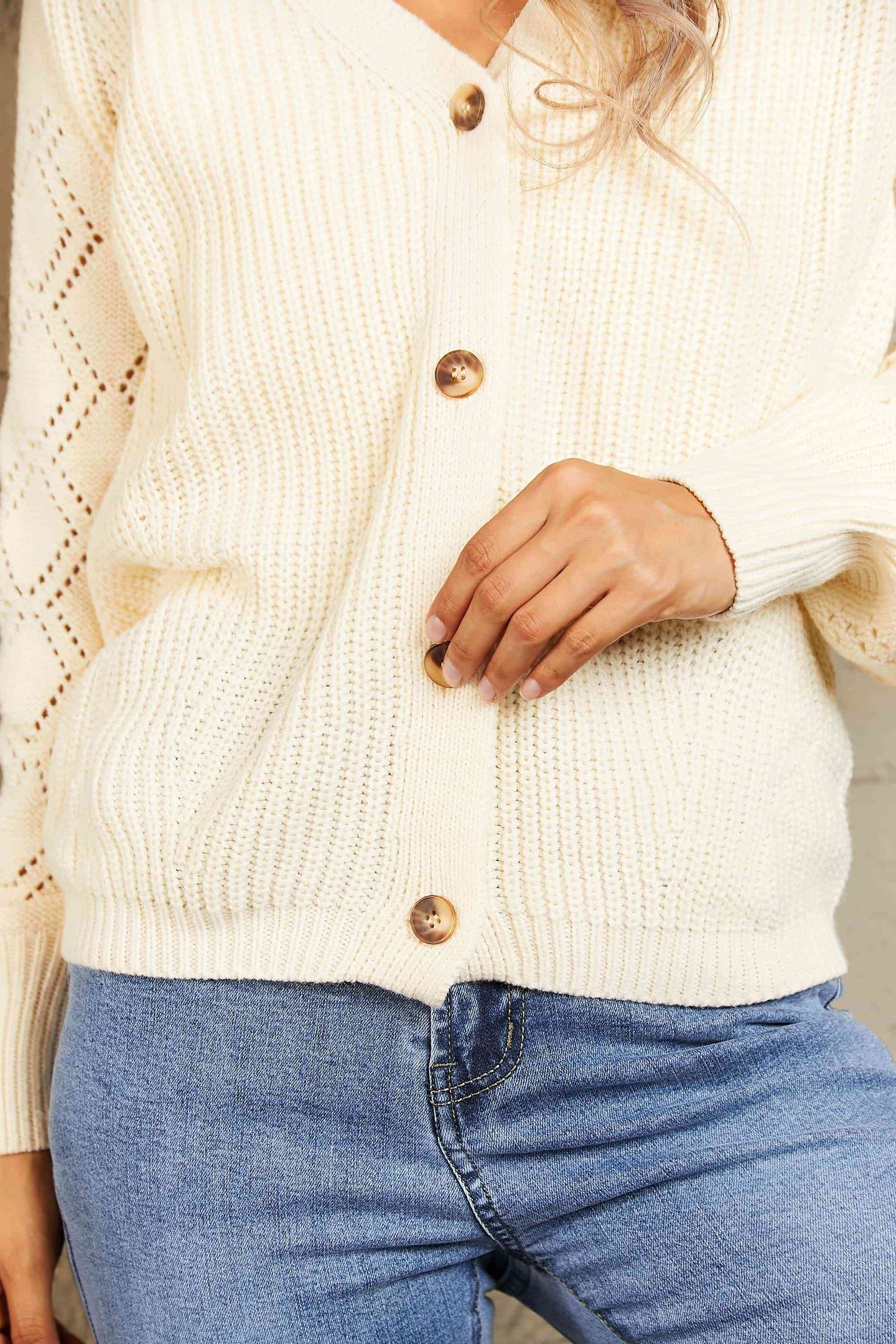 Woven Right Button Front Ribbed Lantern Sleeve Cardigan Trendsi