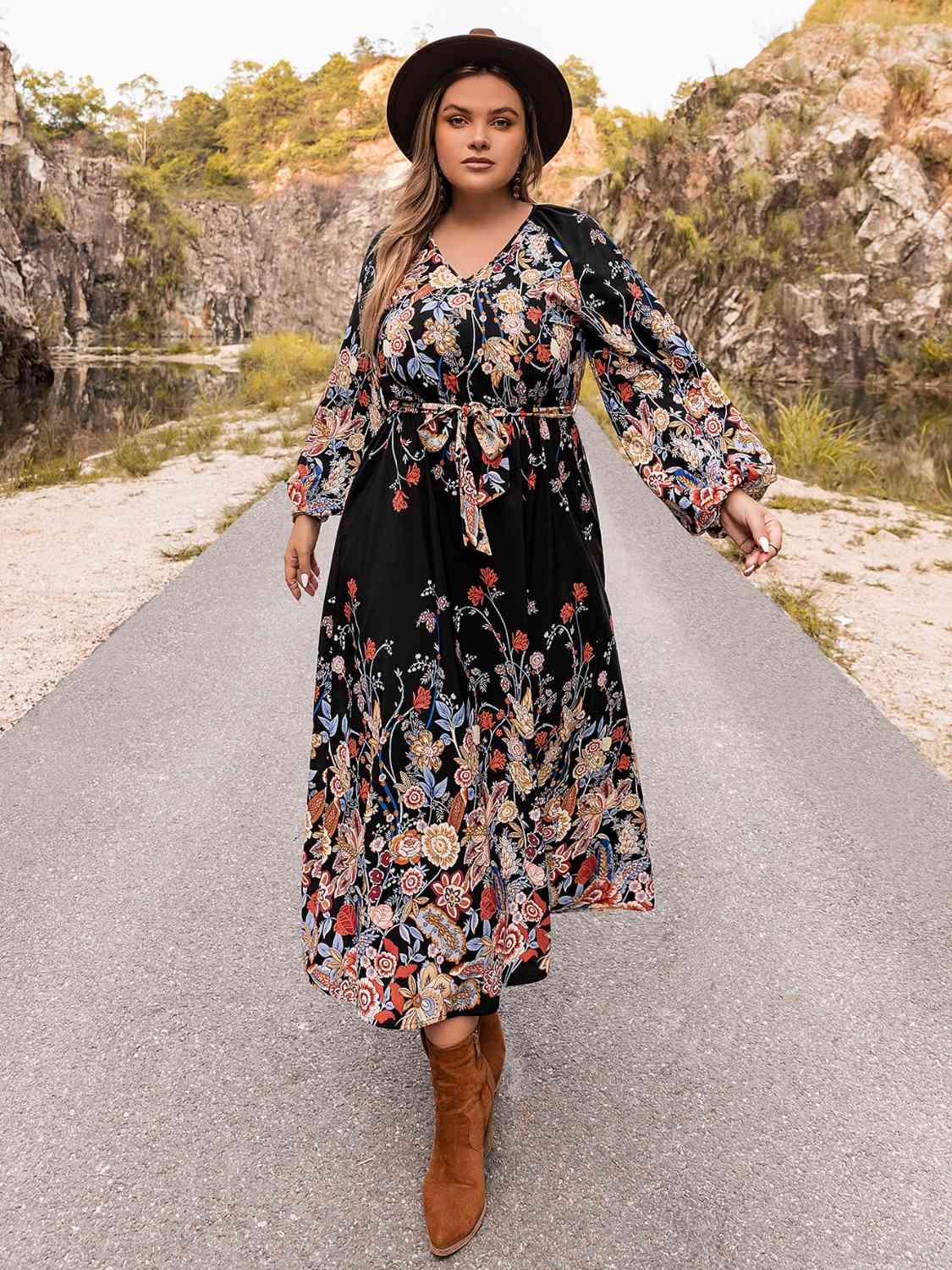 Plus Size V-Neck Long Sleeve Dress -BazaarBey - www.shopbazaarbey.com