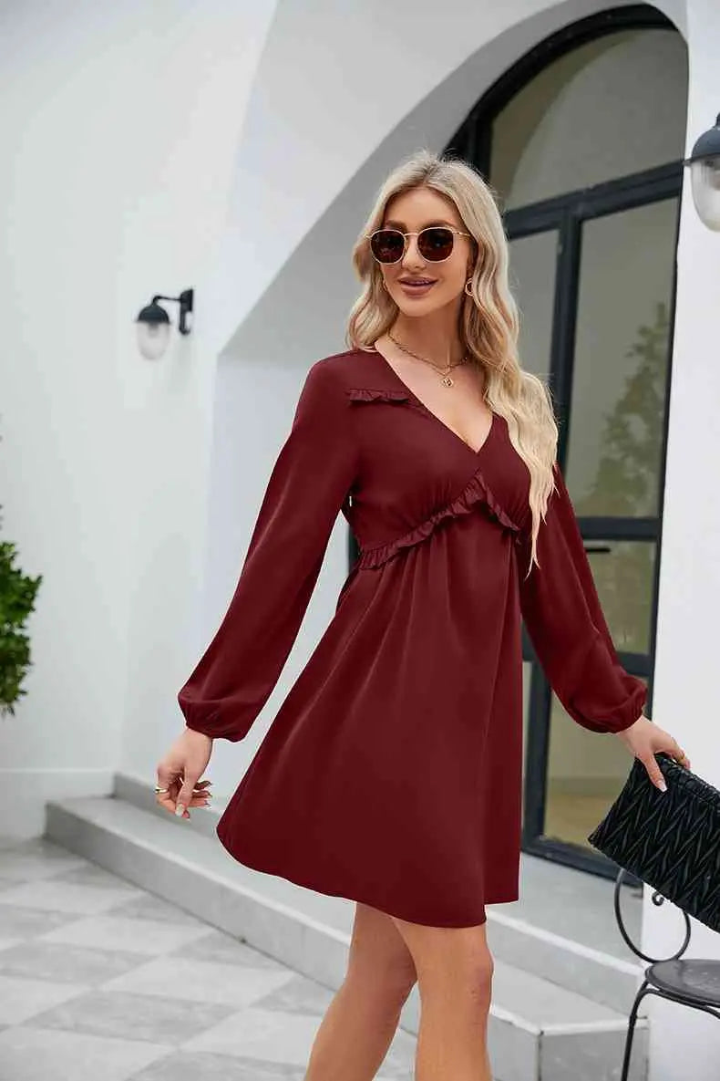 Frill Trim V-Neck Long Sleeve Dress -BazaarBey - www.shopbazaarbey.com