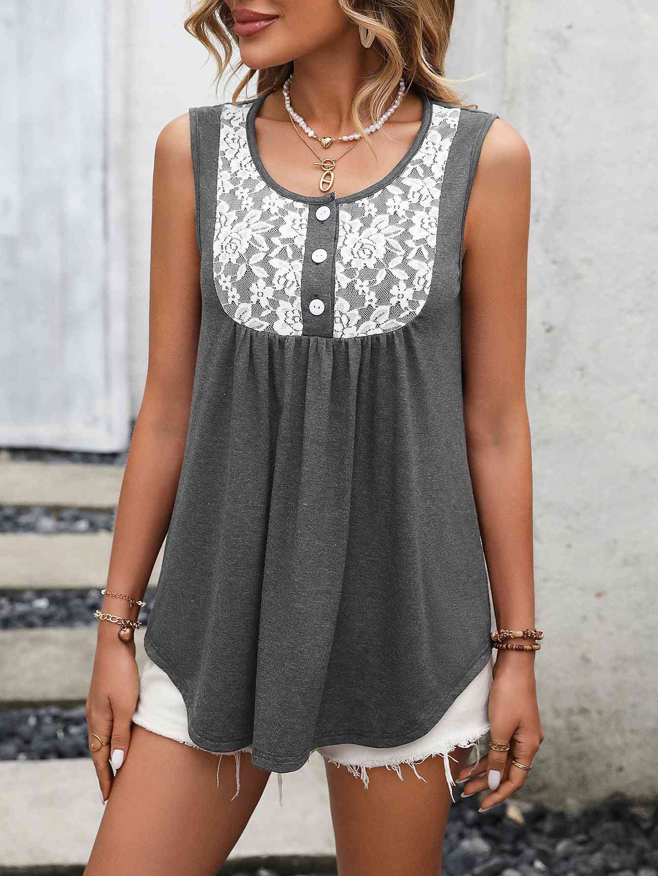 Lace Contrast Scoop Neck Tank Bazaarbey