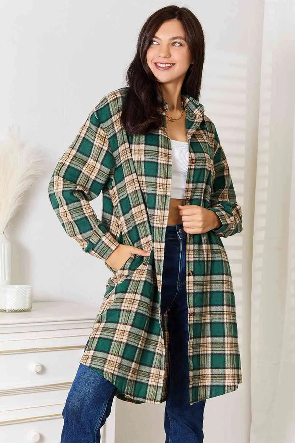  Plaid Collared Neck Long Sleeve Shirt Trendsi