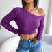 BazaarBey Mixed Knit One-Shoulder Cropped Sweater 