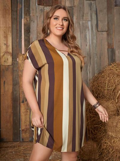 Plus Size Striped Short Sleeve Mini Dress -BazaarBey - www.shopbazaarbey.com