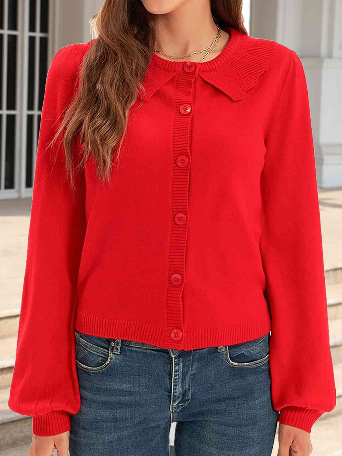 Collared Long Sleeve Button Down Cardigan Trendsi