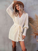 Belted Surplice Lantern Sleeve Wrap Sweater Dress Bazaarbey