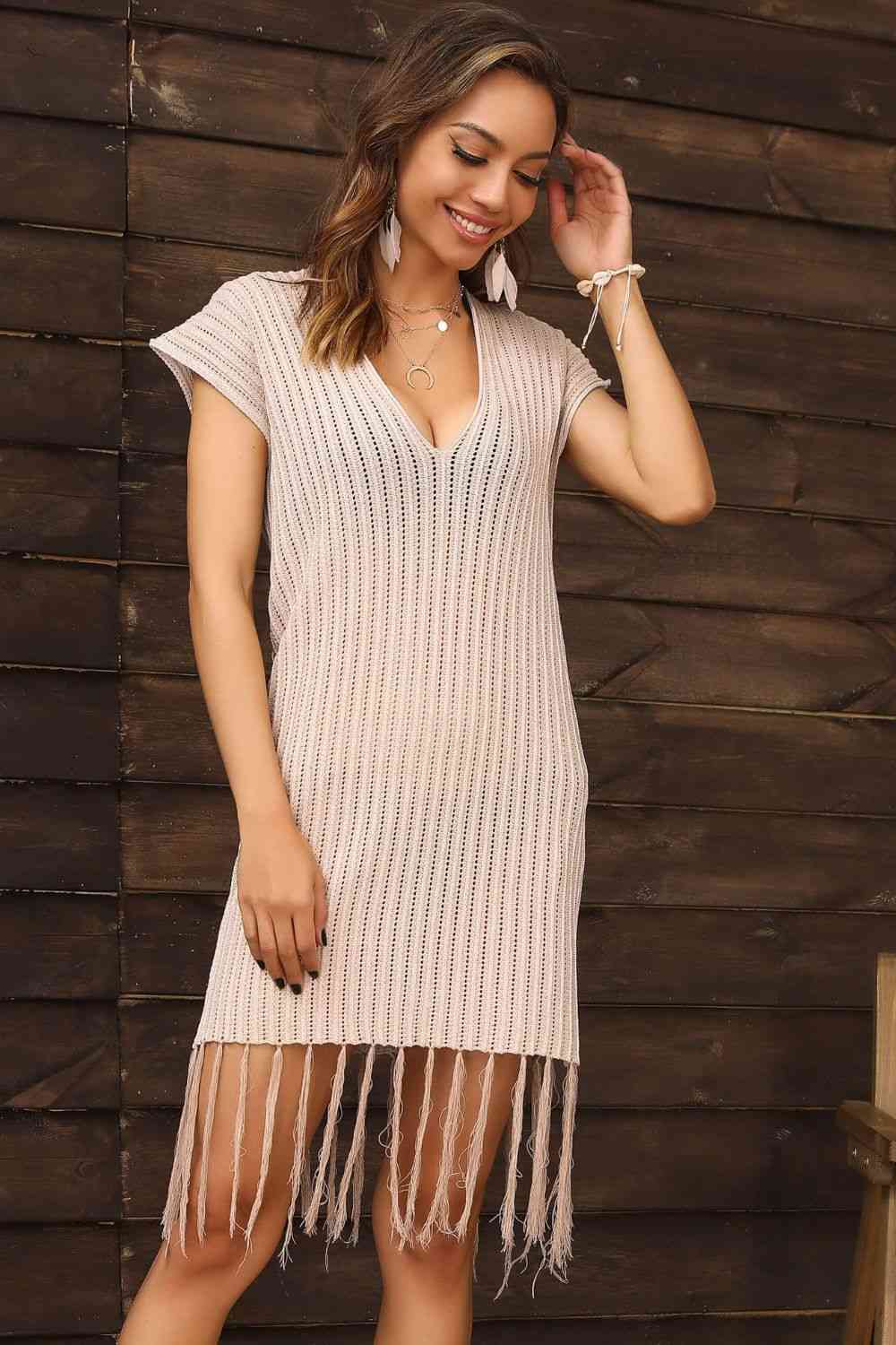  Hem Short Sleeve Deep V Cover Up Dress Bazaarbey