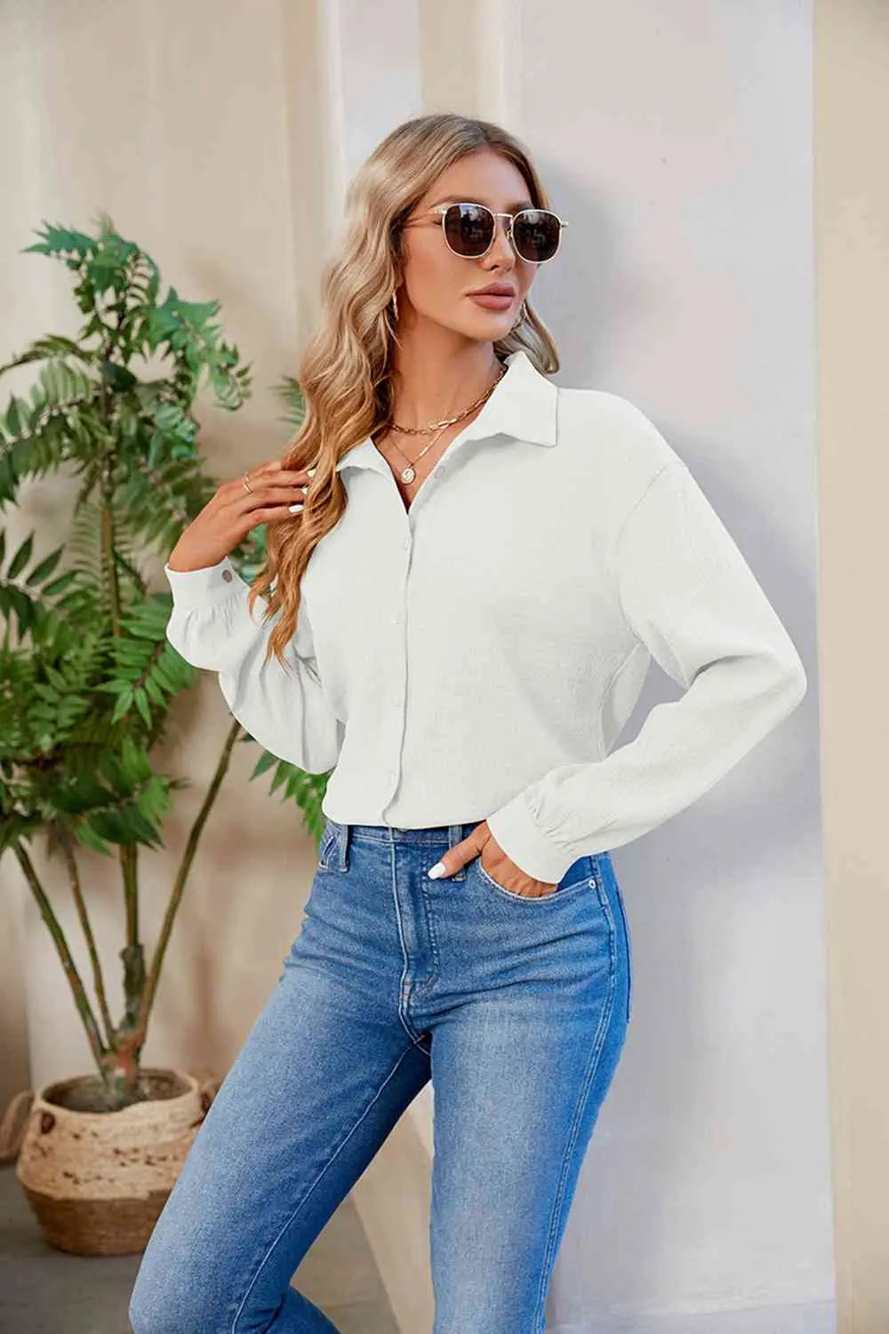 Collared Neck Buttoned Long Sleeve Shirt Bazaarbey