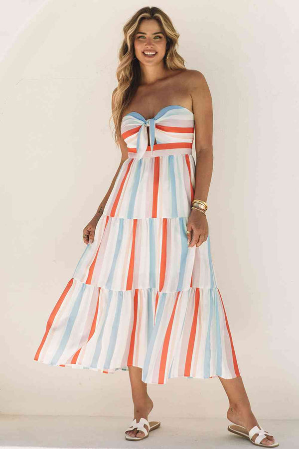 Striped Strapless Sweetheart Neck Dress -BazaarBey - www.shopbazaarbey.com