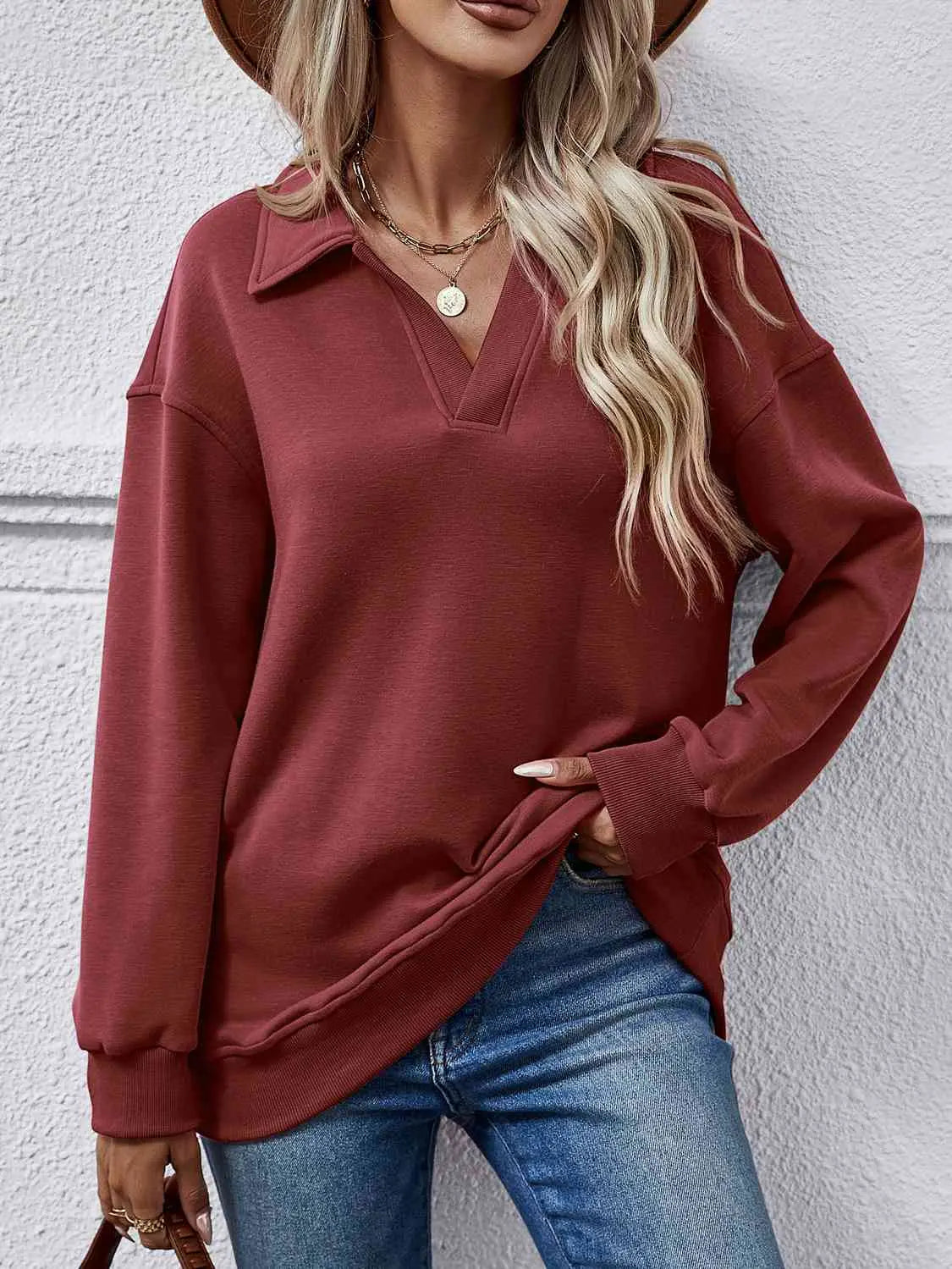 Collared Neck Dropped Shoulder Sweatshirt Bazaarbey